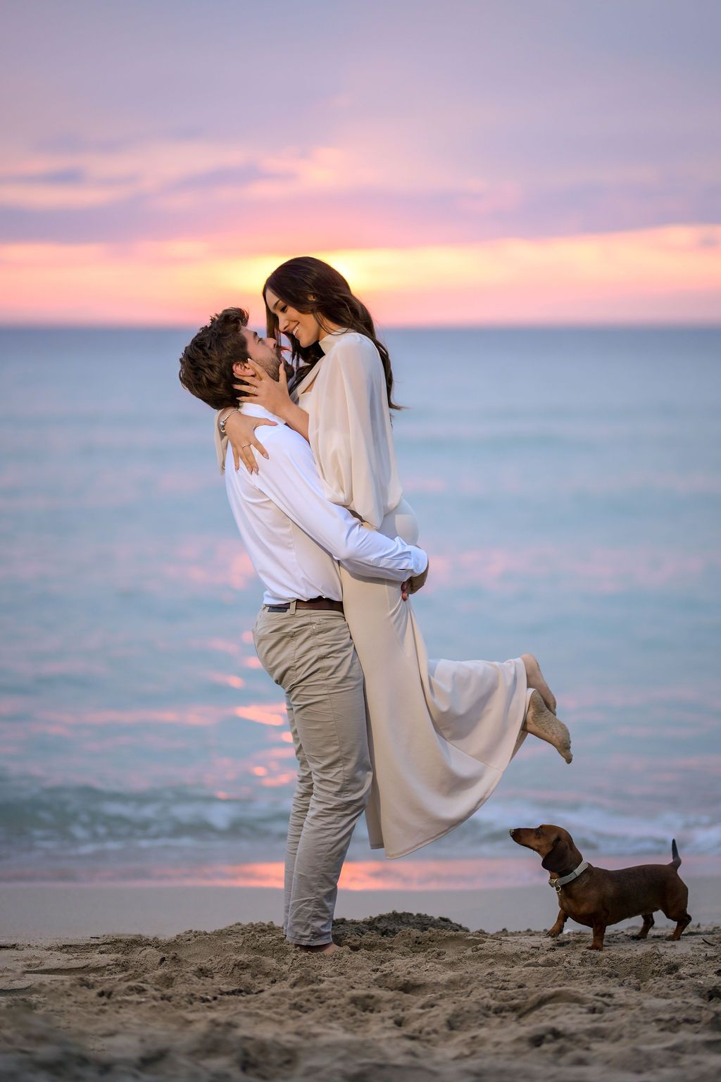 Editorial-style engagement session on Ibiza beach at golden hour