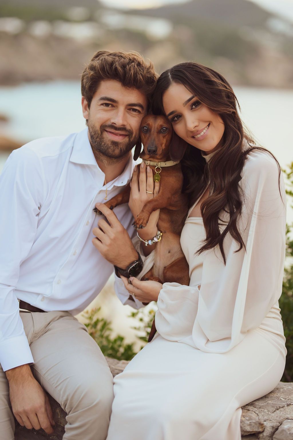 Natural couple portraits with dog at Cala Tarida Ibiza