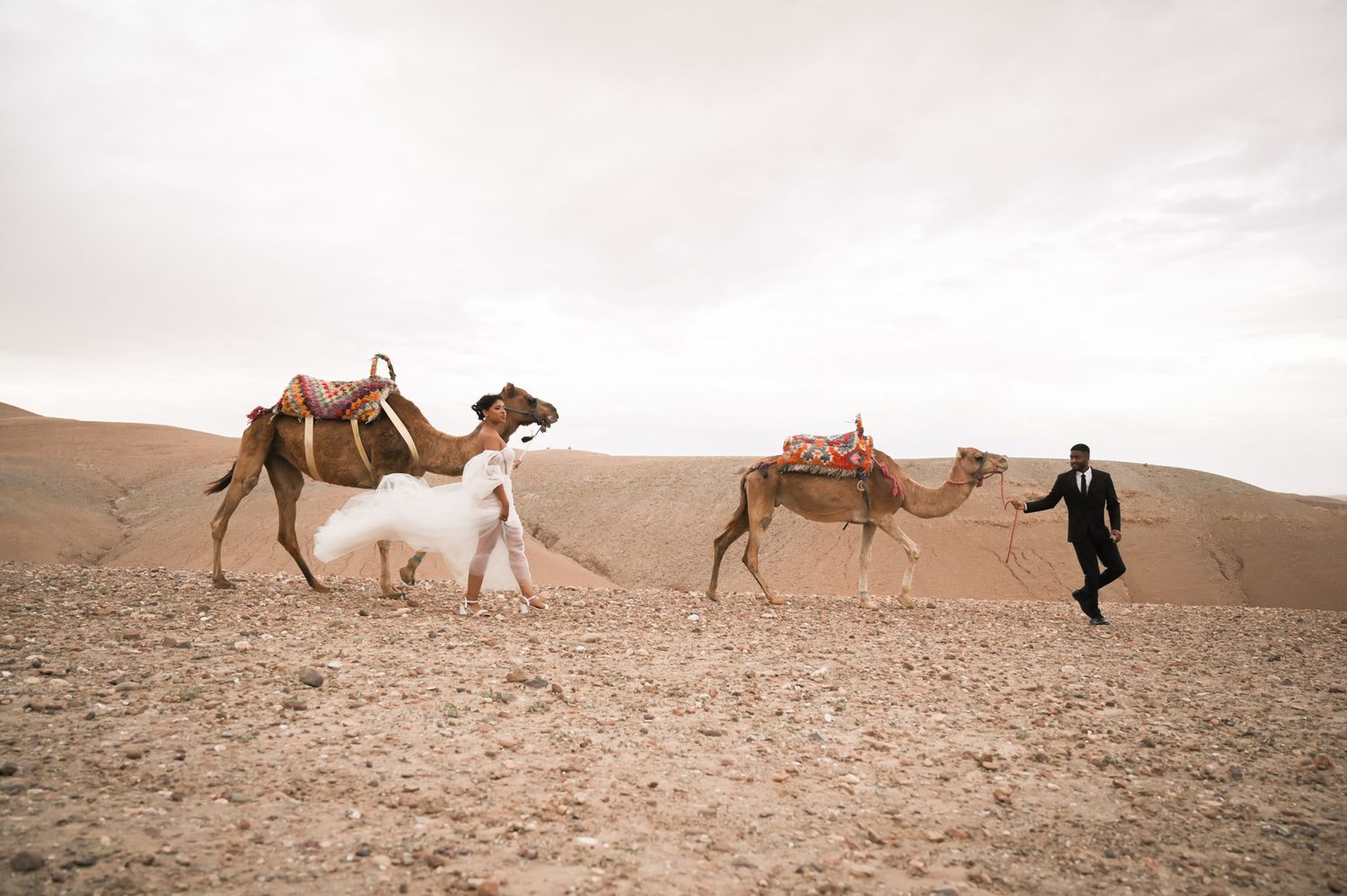 Bride and groom holding camels during a wedding photoshoot in the Agafay Desert at Alkamar Camp, Morocco.