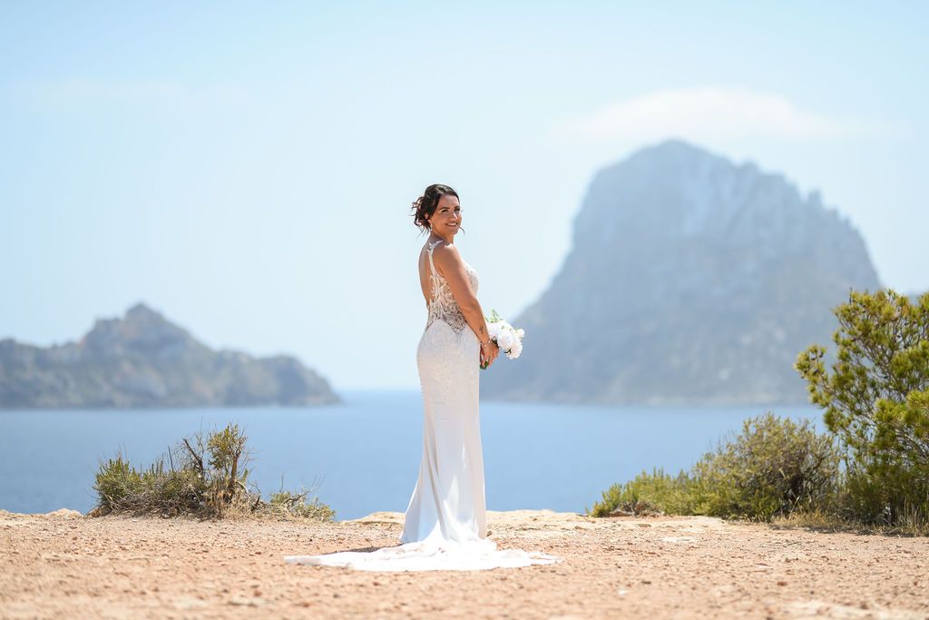Bride portraits during an elopement at Es Vedra in Ibiza.