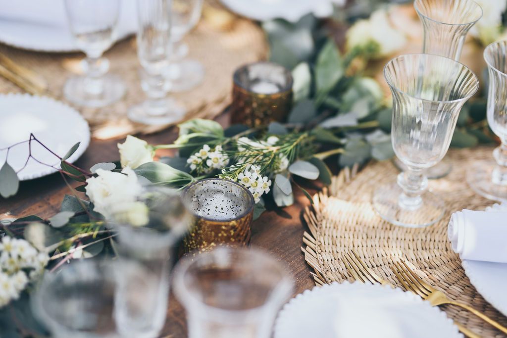 Wedding table decor details at a private villa in Ibiza.