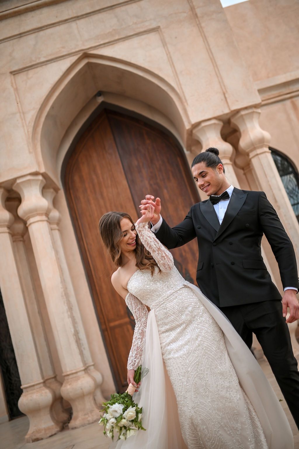 Editorial bride and groom portraits at Palais Namaskar, Marrakesh.