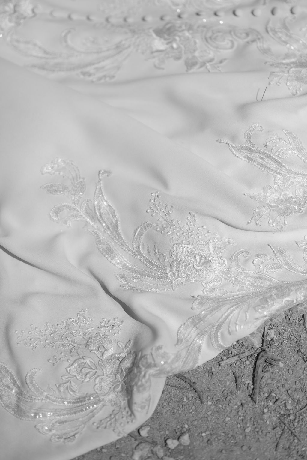 Editorial elopement wedding dress details at Es Vedra in Ibiza.