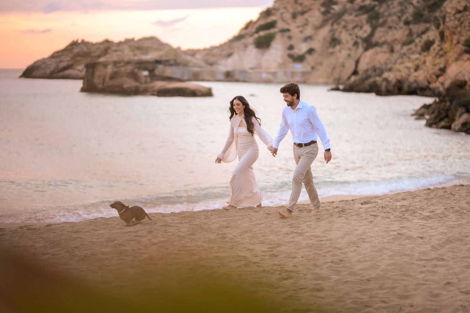 Romantic sunset engagement session at Cala Tarida Ibiza