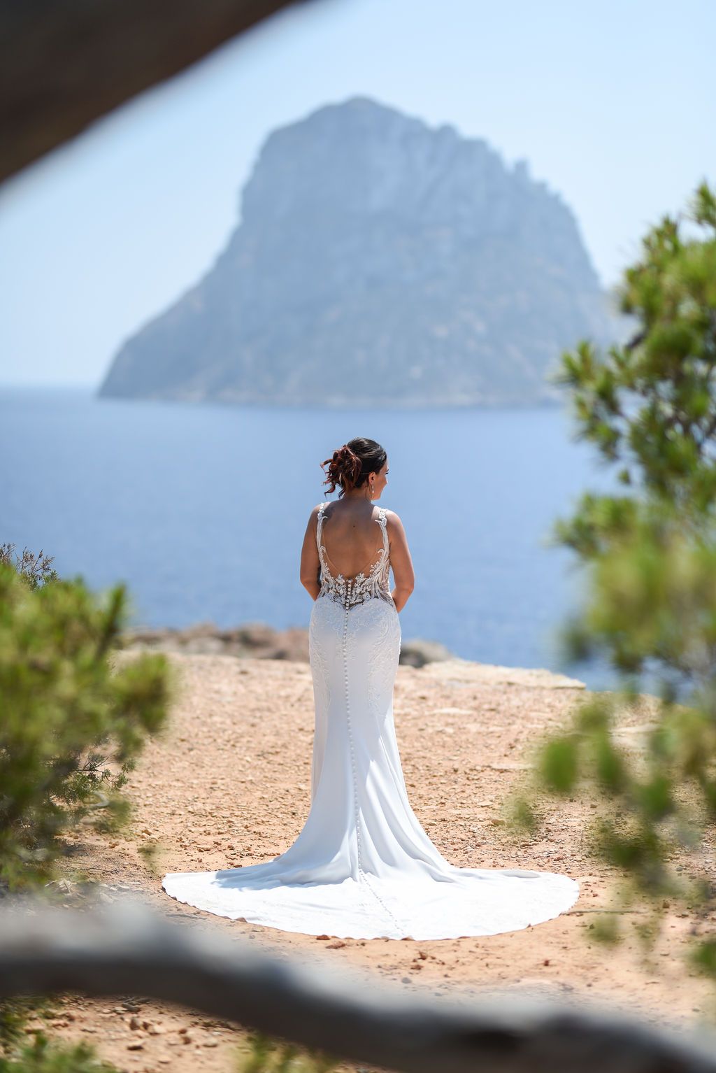 Bride portraits during an elopement at Es Vedrà in Ibiza.
