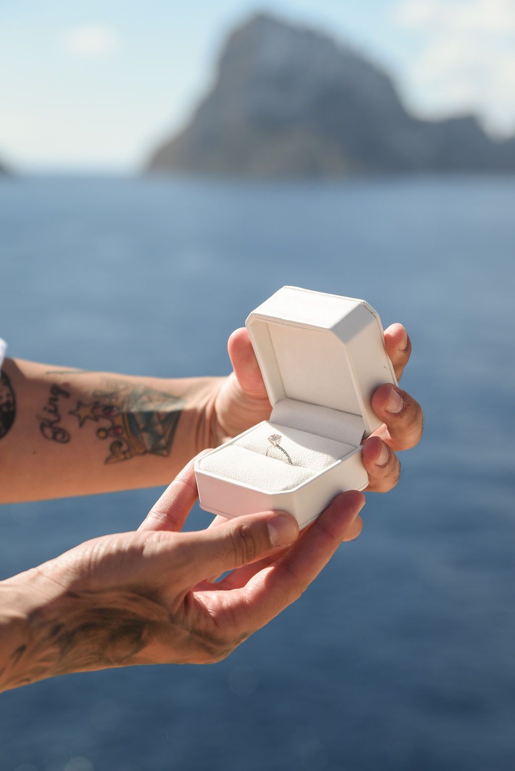 Close-up of engagement ring during Ibiza proposal session