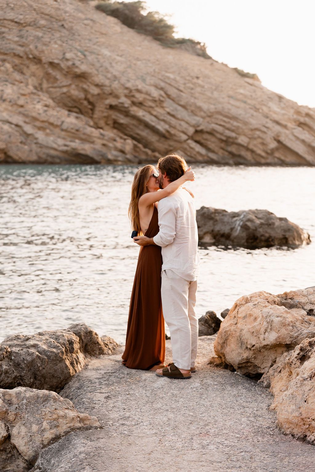 Editorial-style engagement photography at Cala Molí, Ibiza, by Andrei Oprescu.