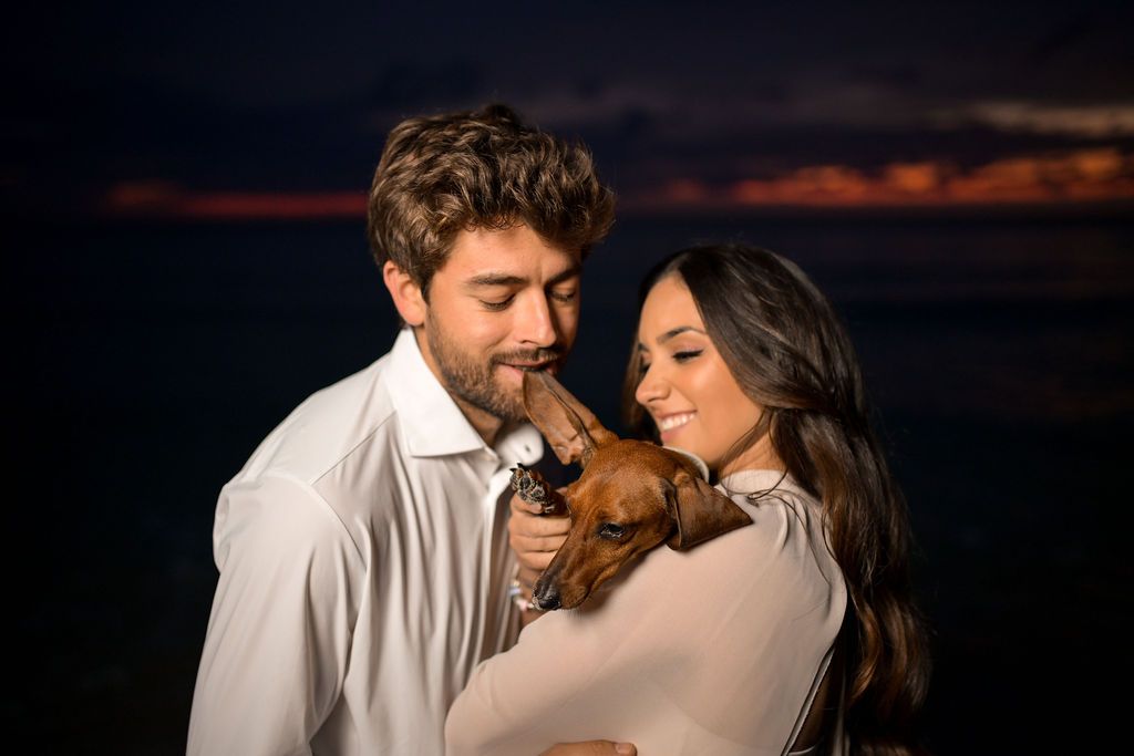 Ibiza engagement session with couple and dog by the sea