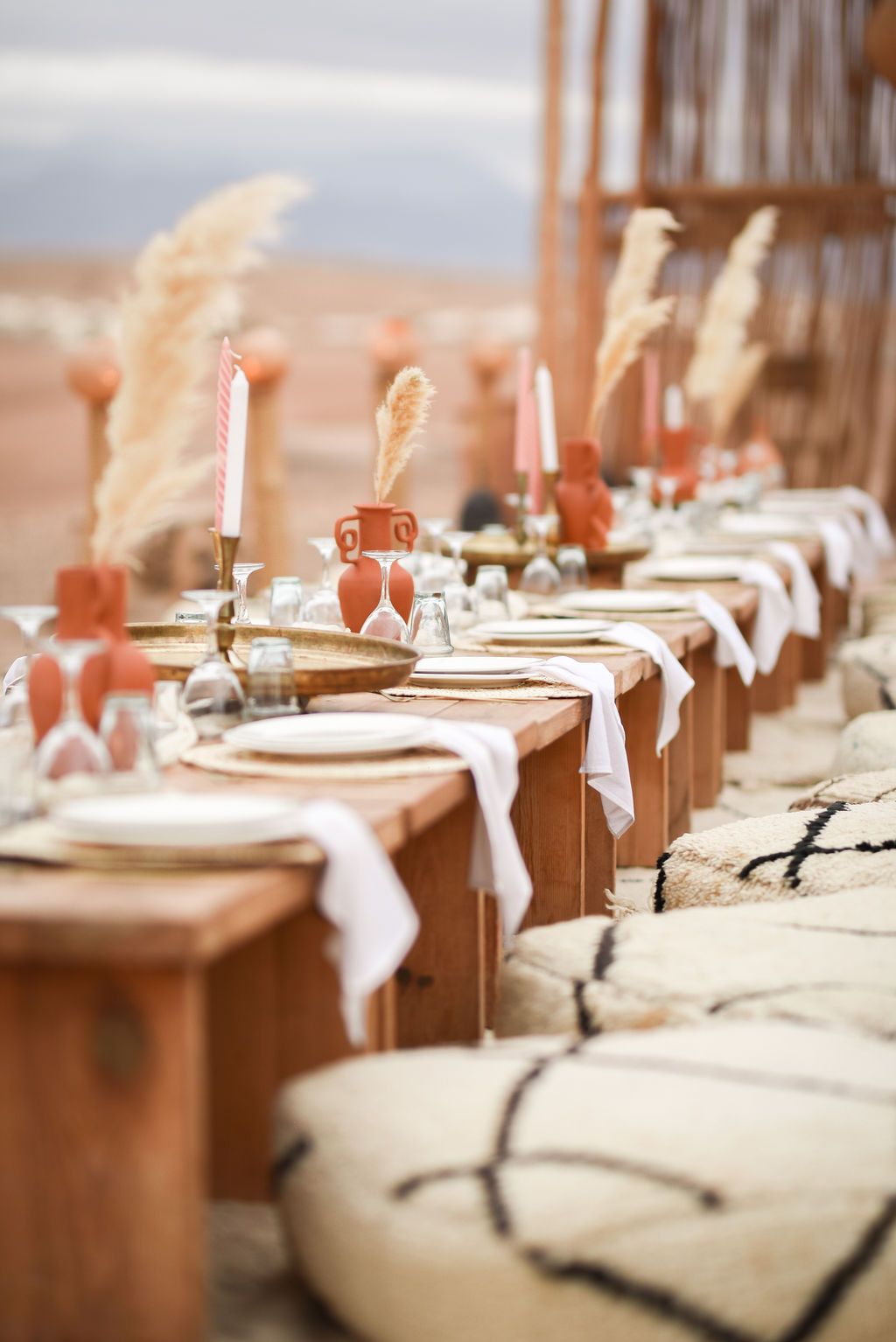 Elopement table decor details at Alkamar Camp in the Agafay Desert, Morocco.