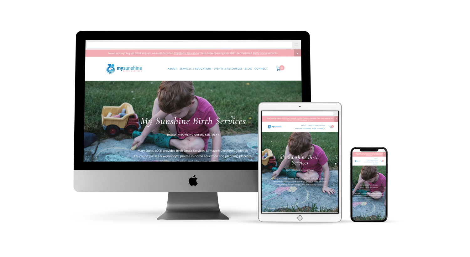 Responsive website design for birth services displayed on desktop, tablet, and mobile devices with a nature-themed layout.