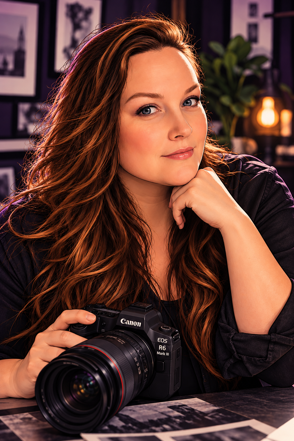 Woman with auburn hair rests chin on hand beside a Canon EOS R6 Mark II camera in a warmly lit studio.