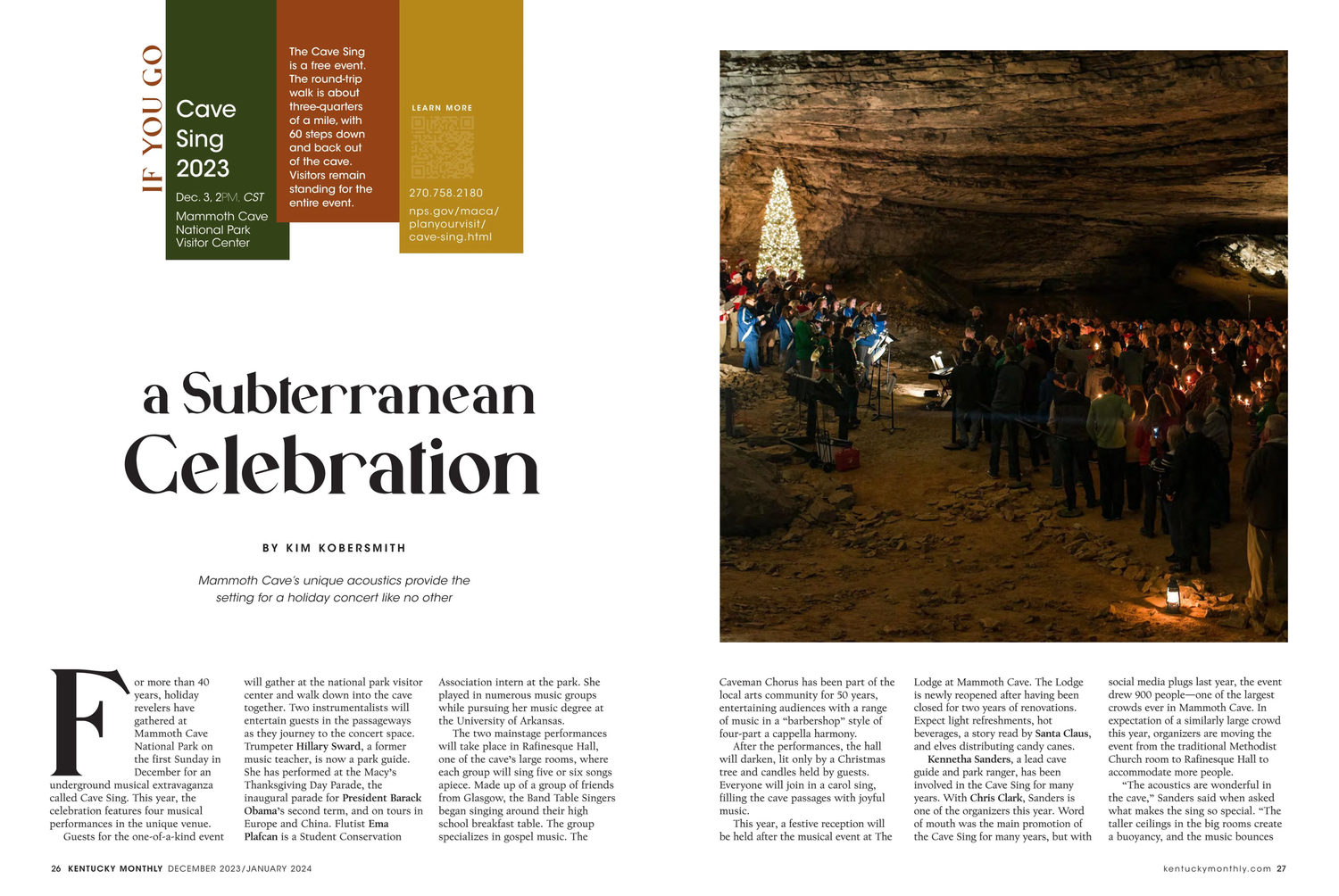 People holding candles gather in a stunning underground cave decorated with a Christmas tree for a subterranean holiday celebration.