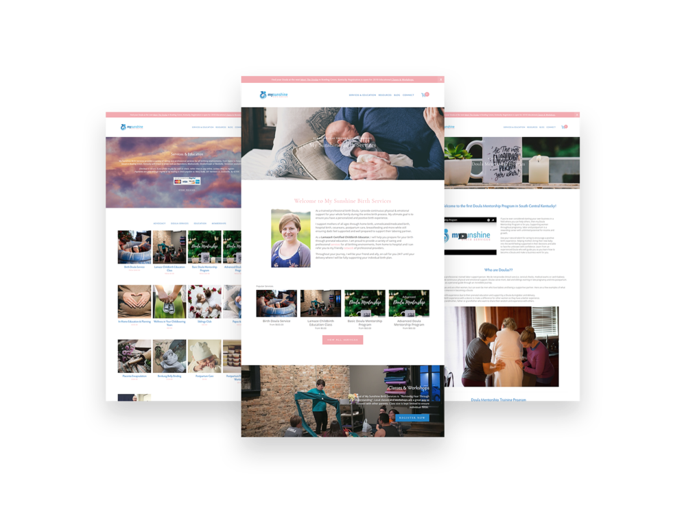 Three modern website design mockups displayed at angles showcasing photography blog layouts with pink accents and grid galleries.