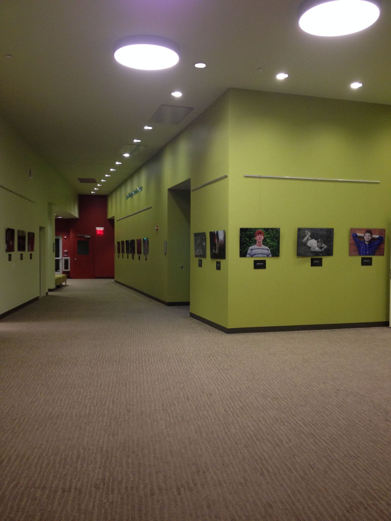 Modern hallway with lime green walls displaying framed artwork, recessed lighting, and neutral carpet flooring.
