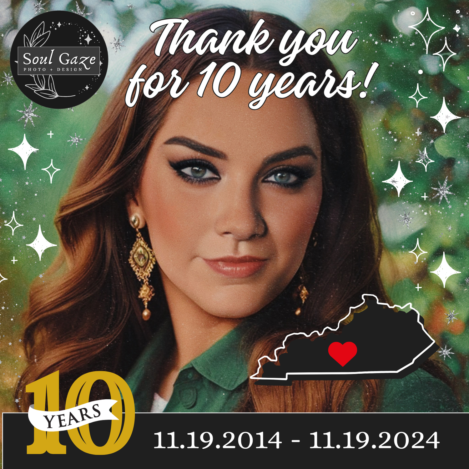 Soul Gaze Photo & Design celebrates 10 years in business from 11.19.2014 to 11.19.2024 with Kentucky state outline.