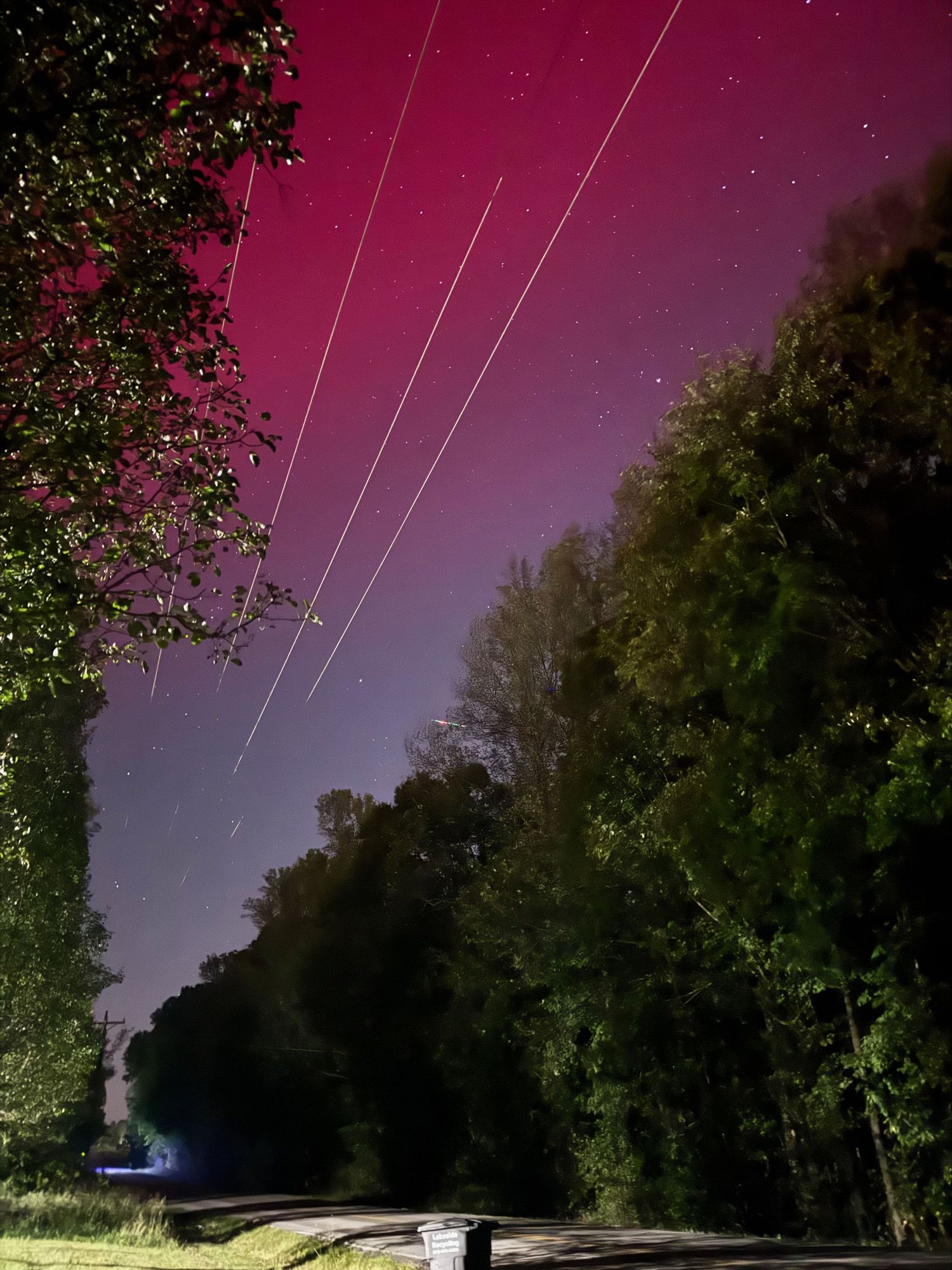 Power lines cut through a purple-tinged night sky with aurora borealis visible above tree-lined road.