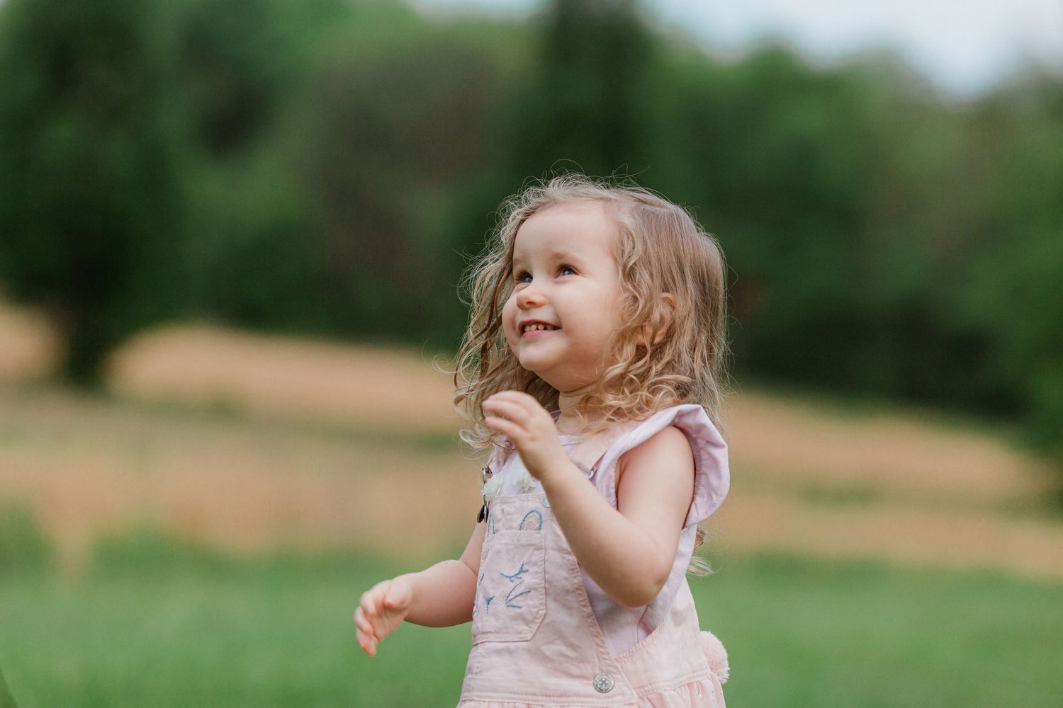 A cheerful toddler girl in a pink dress plays outdoors in a lush green field on a sunny day.