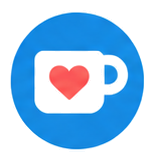 Blue circle icon featuring a white coffee mug with a red heart, symbolizing support and appreciation.