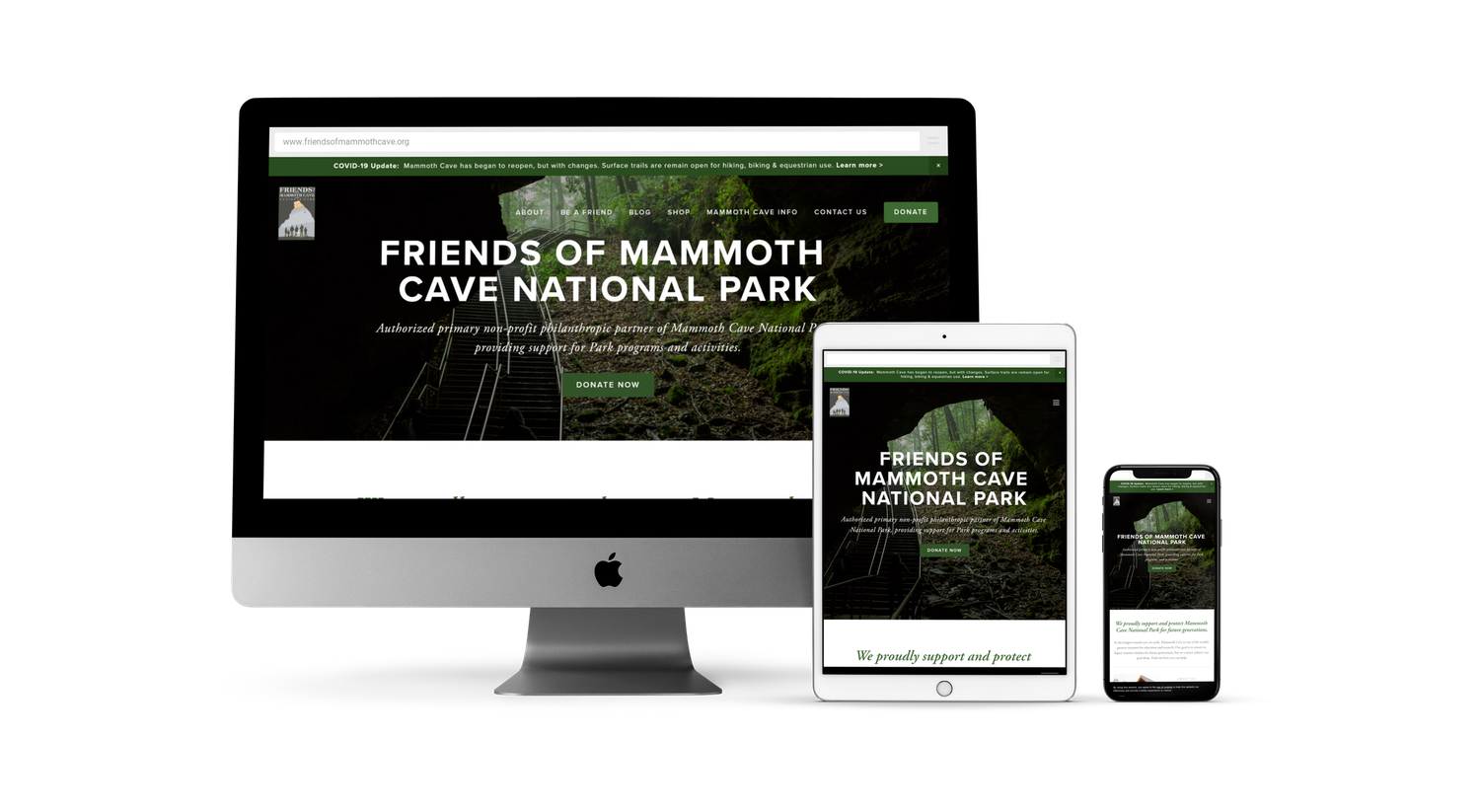 Responsive website design for Friends of Mammoth Cave National Park displayed on desktop, tablet, and mobile devices.