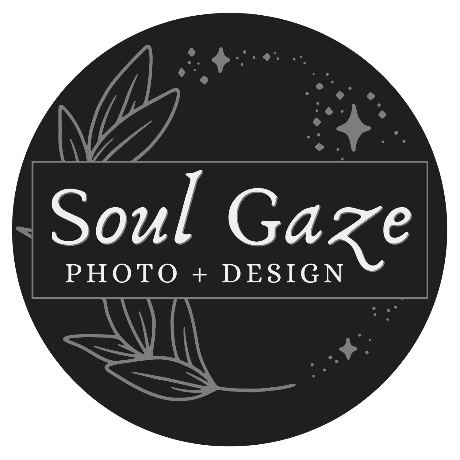 Black circular logo for Soul Gaze Photo and Design featuring botanical leaves and sparkle accents on dark background.