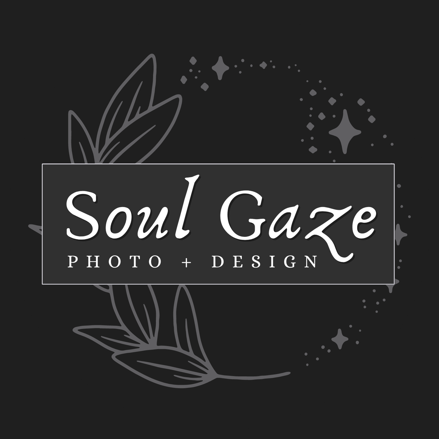 Soul Gaze Photo + Design logo with elegant botanical leaves and stars on dark background.