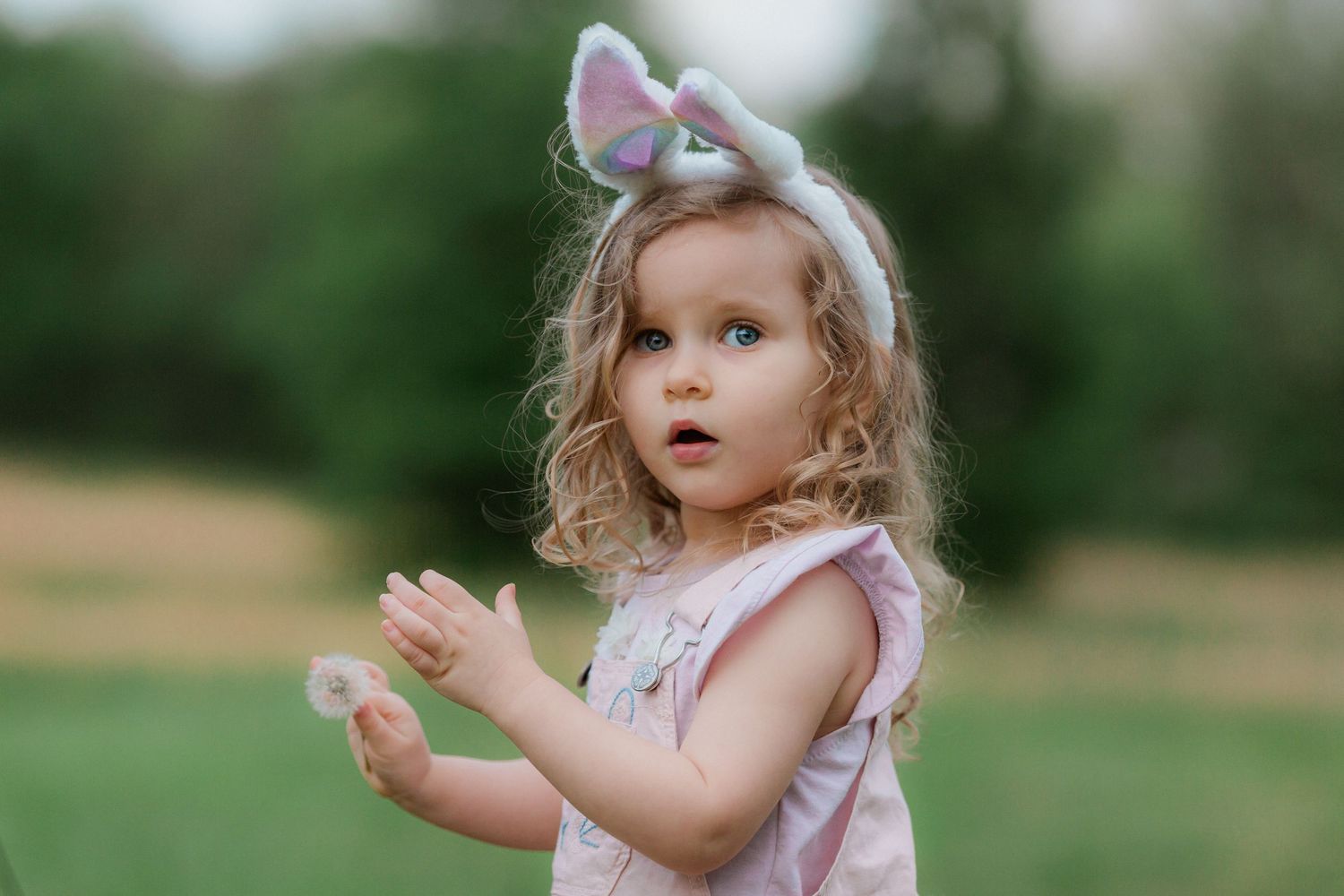 Cute toddler girl with curly hair wearing bunny ears headband and pink dress outdoors in green field.