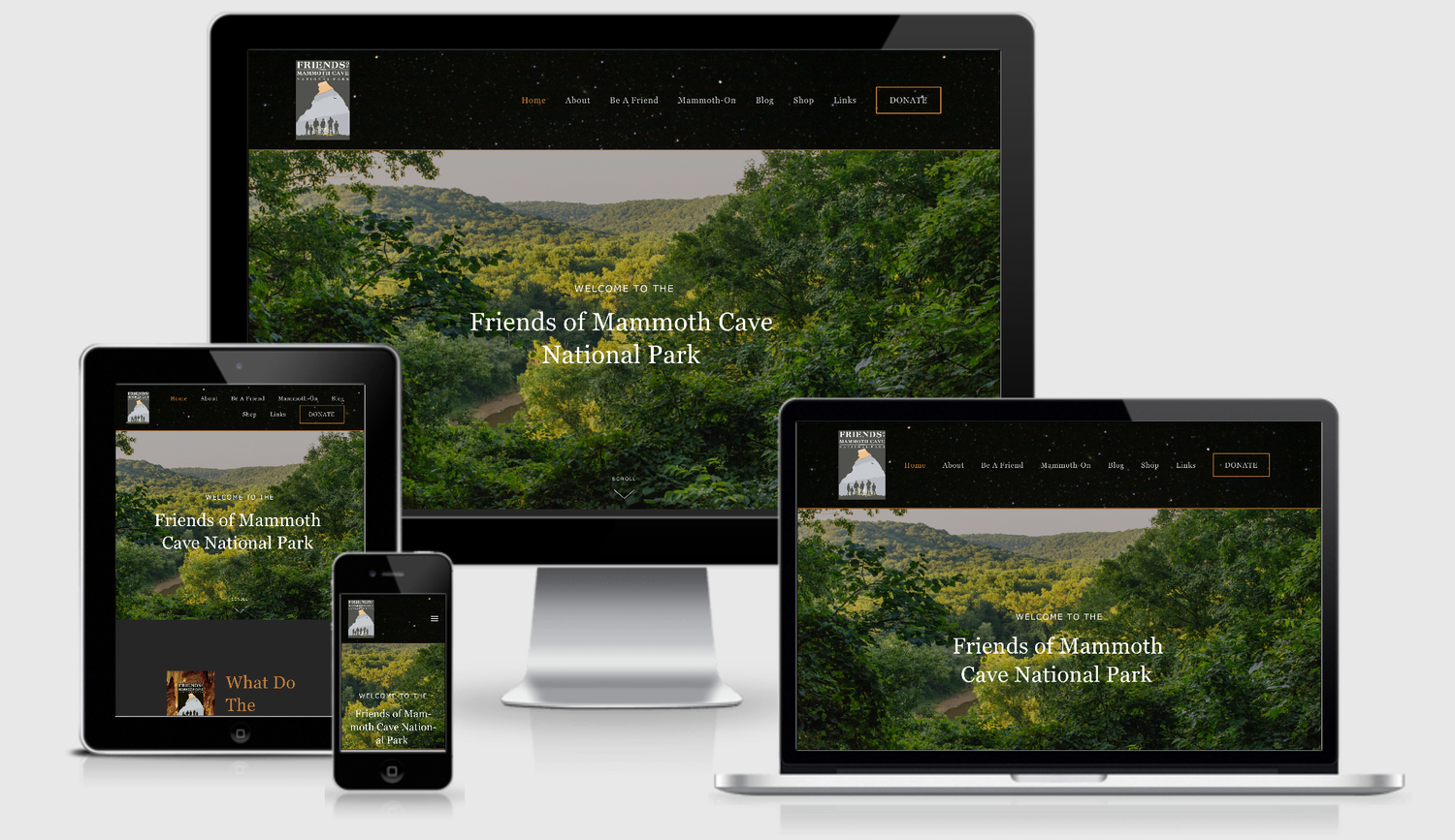 Responsive website design for Friends of Mammoth Cave National Park displayed on desktop, laptop, tablet, and mobile devices.
