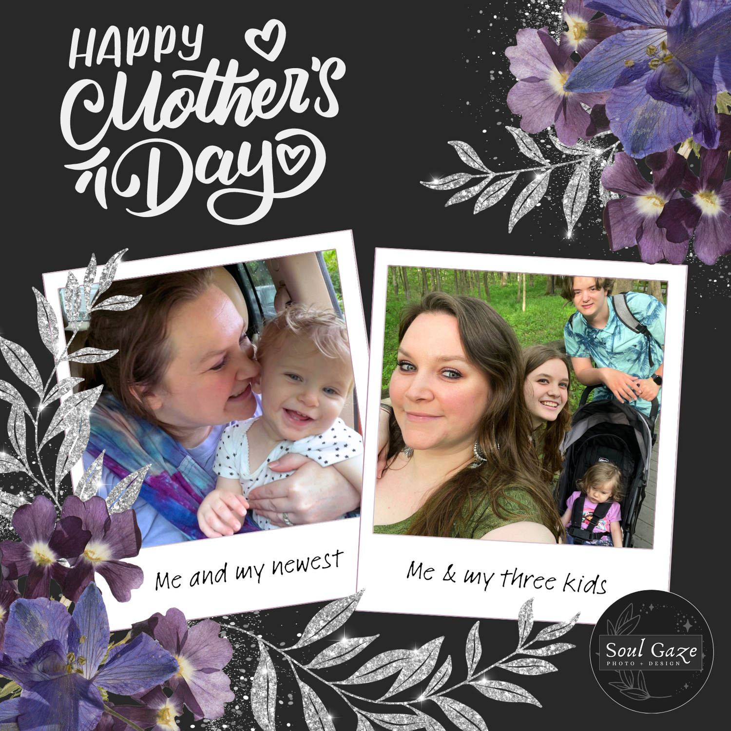 Mother's Day photo collage with purple floral decorations and handwritten text on dark background.