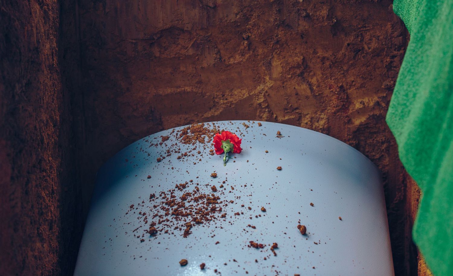 A red flower rests on a light blue coffin lid sprinkled with soil, set in an open grave.