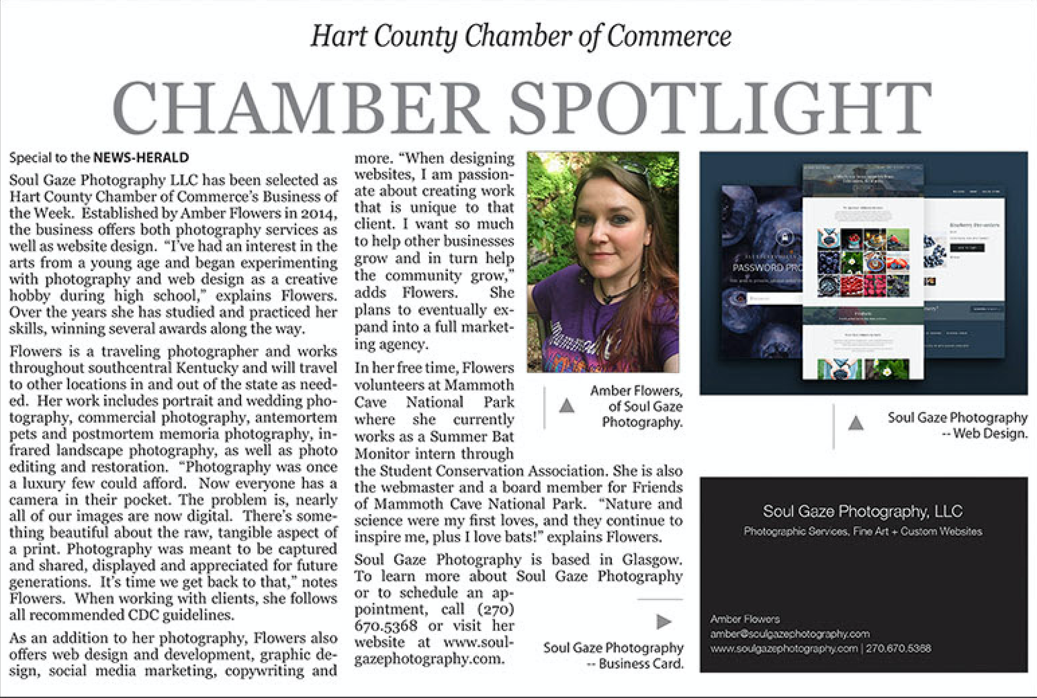 A Chamber Spotlight newsletter featuring a portrait of Amber Flowers, owner of Soul Gaze Photography LLC.
