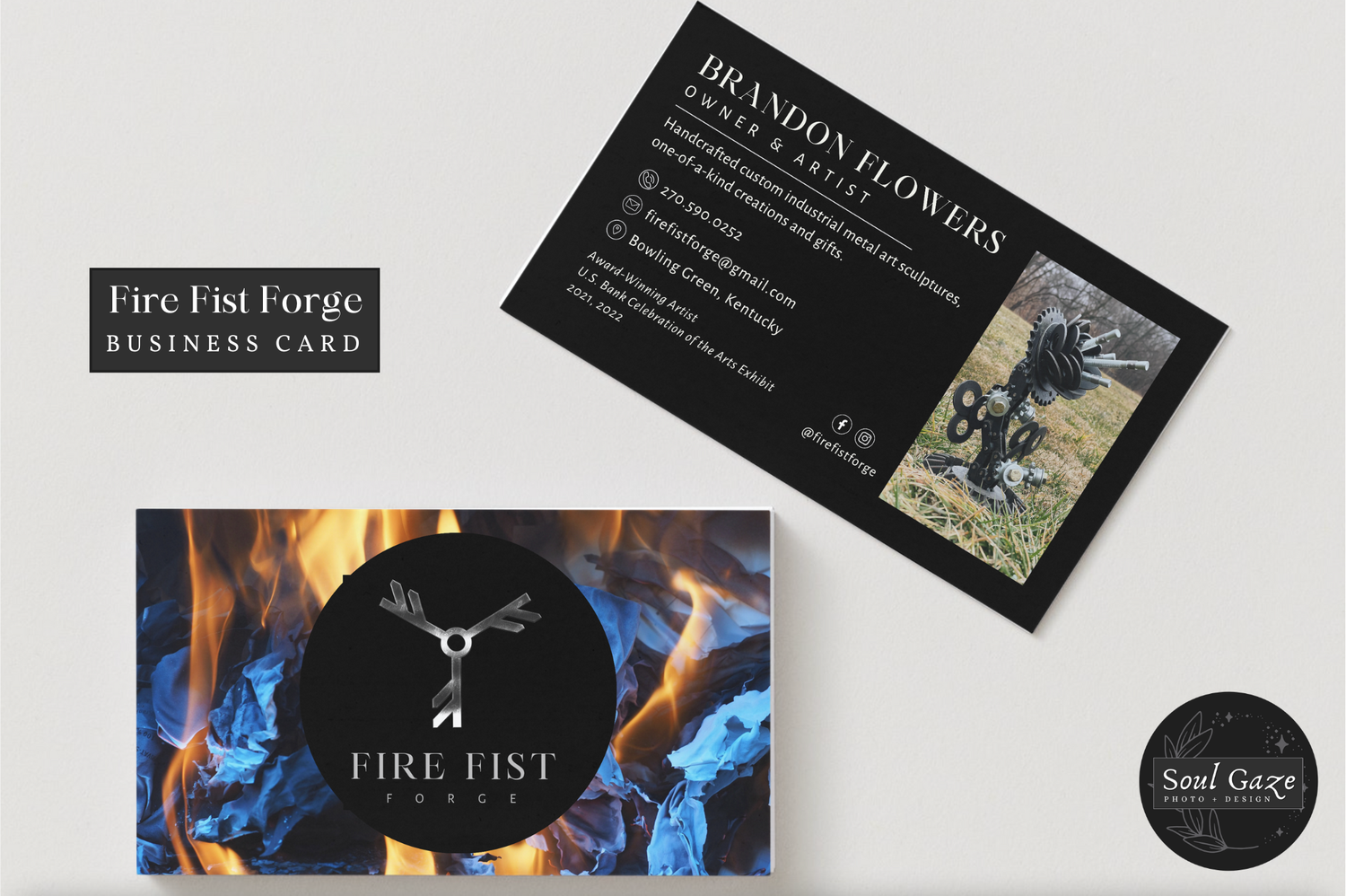 Fire Fist Forge business card design featuring Brandon Flowers, with a dark flame background and bold logo typography.