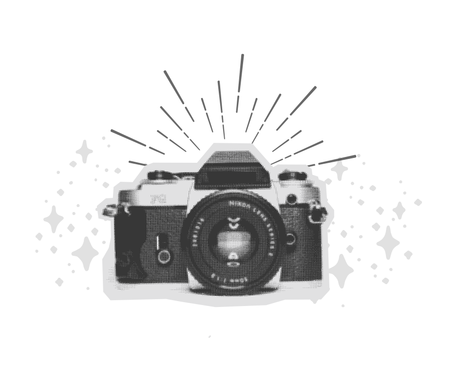 Vintage retro film camera in grayscale with decorative sparkles and sunburst rays, classic photography equipment illustration.