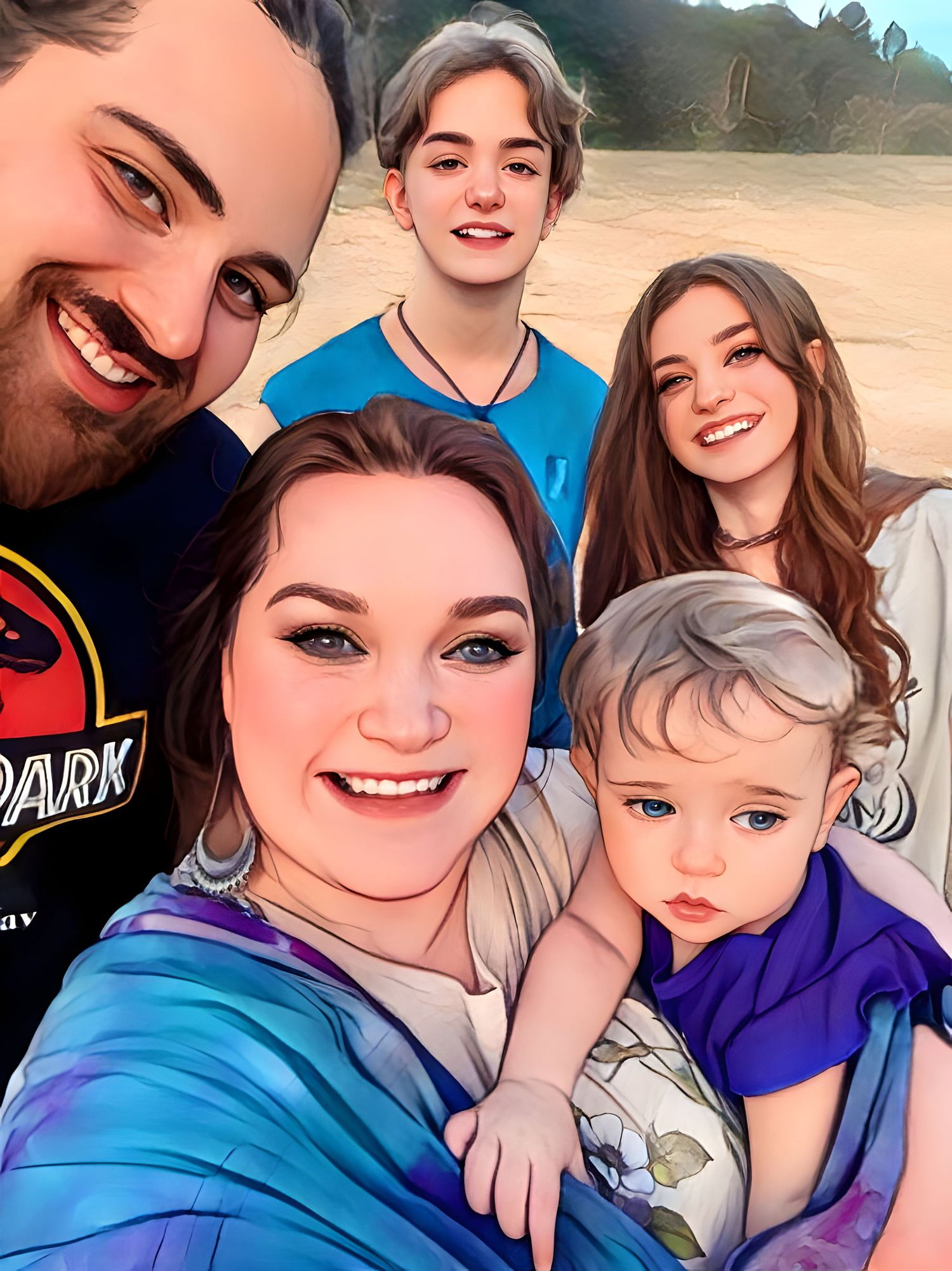 A group of people in blue and purple clothing smile together for a selfie outdoors in bright sunlight.