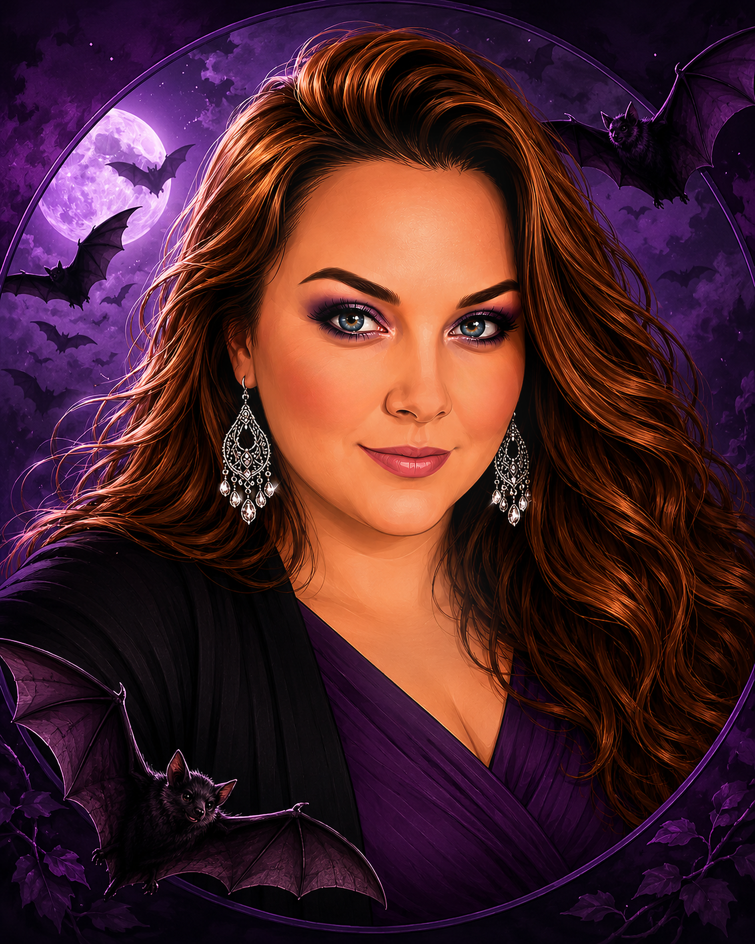 A woman with auburn hair and chandelier earrings poses against a purple gothic background with bats and a full moon.