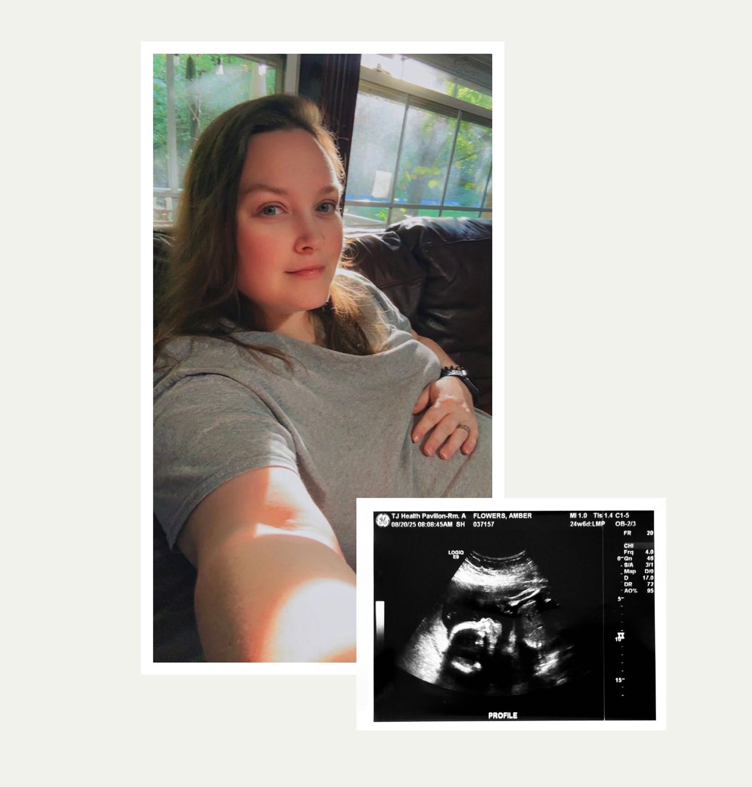 Pregnant woman taking selfie at home beside an ultrasound scan photo showing baby.