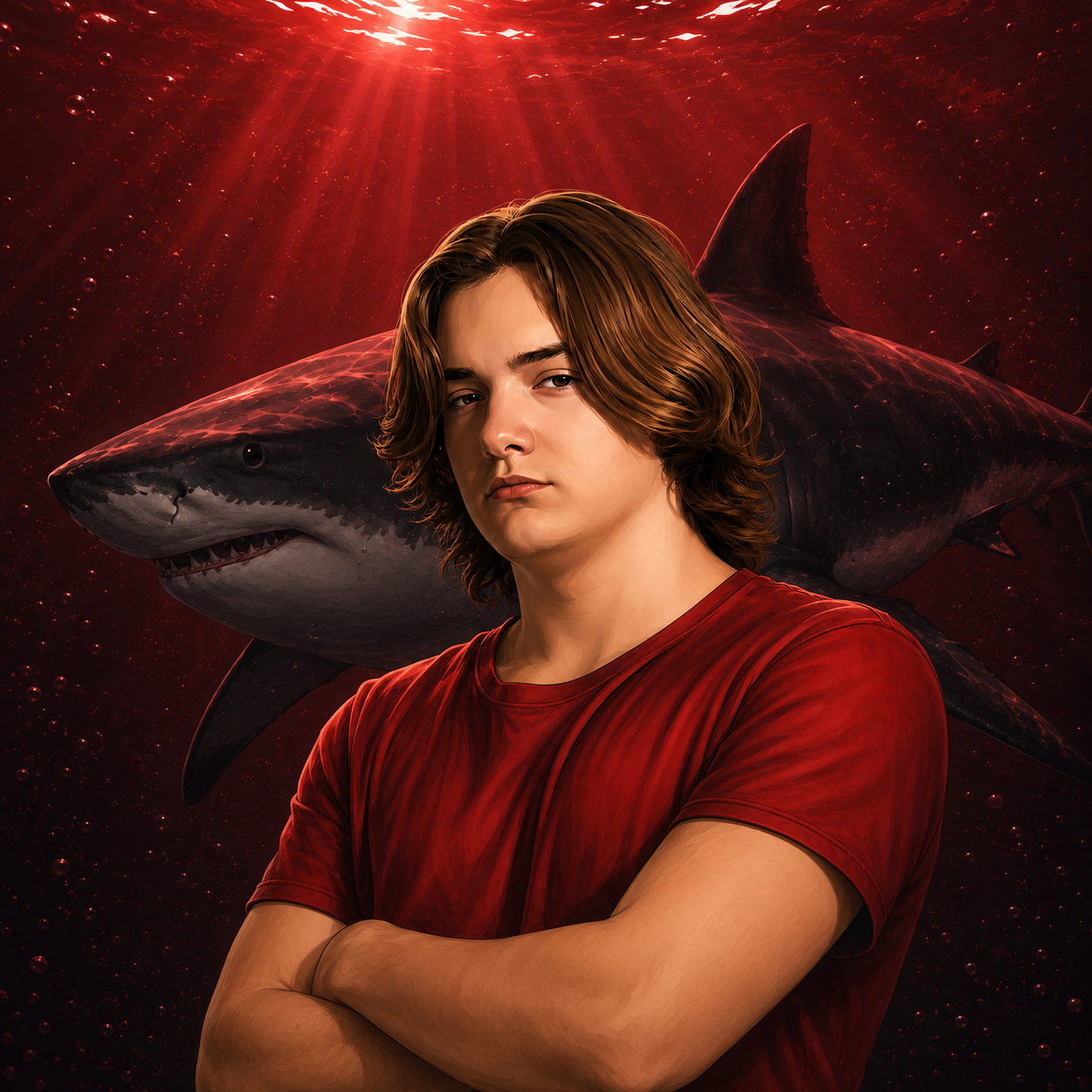 A young man in a red shirt stands arms crossed before a dramatic shark and red underwater light backdrop.