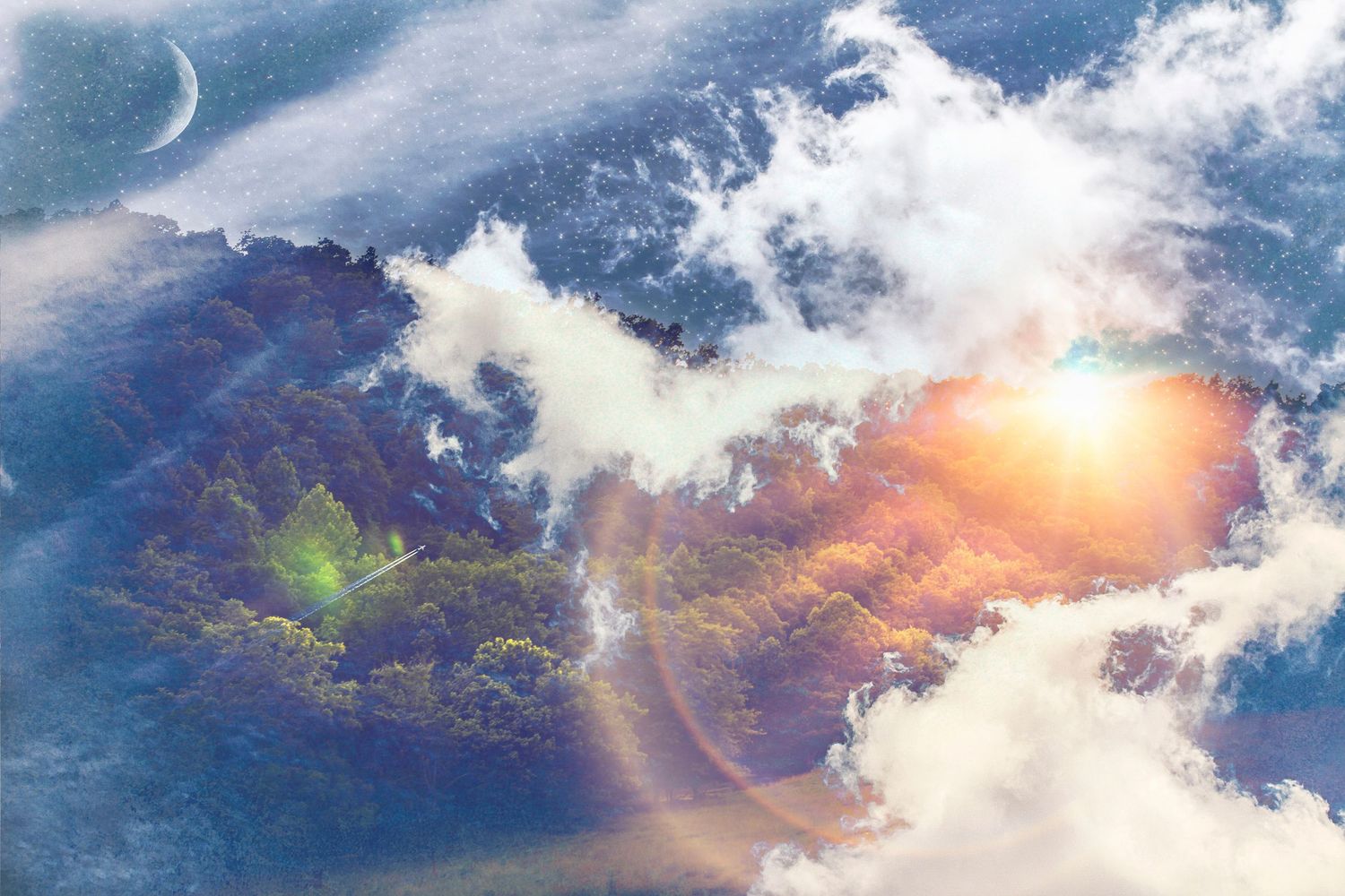 Aerial view of a lush green island surrounded by clouds, with a glowing sun and crescent moon visible in the sky.