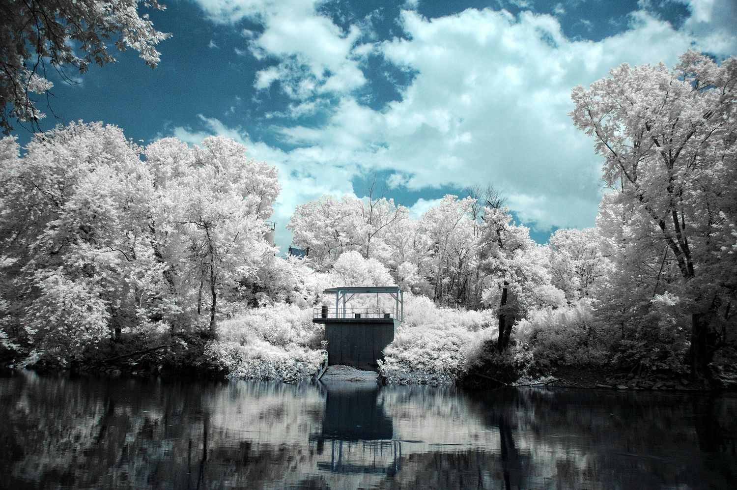 Infrared photography of a serene lake with a gazebo, white trees, and dramatic blue sky reflections.
