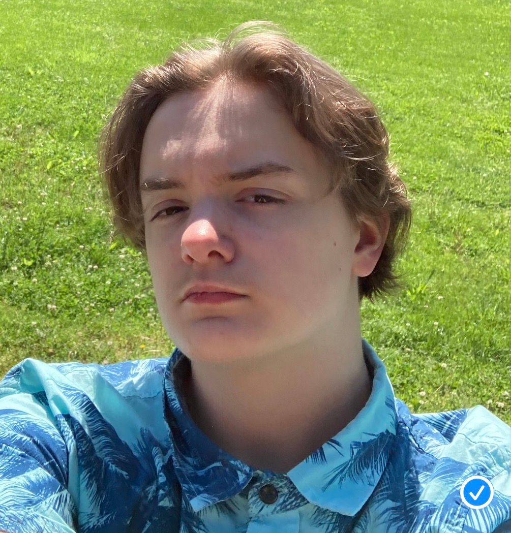 Young man with light brown hair wearing a blue floral Hawaiian shirt outdoors on a sunny day with green grass background.