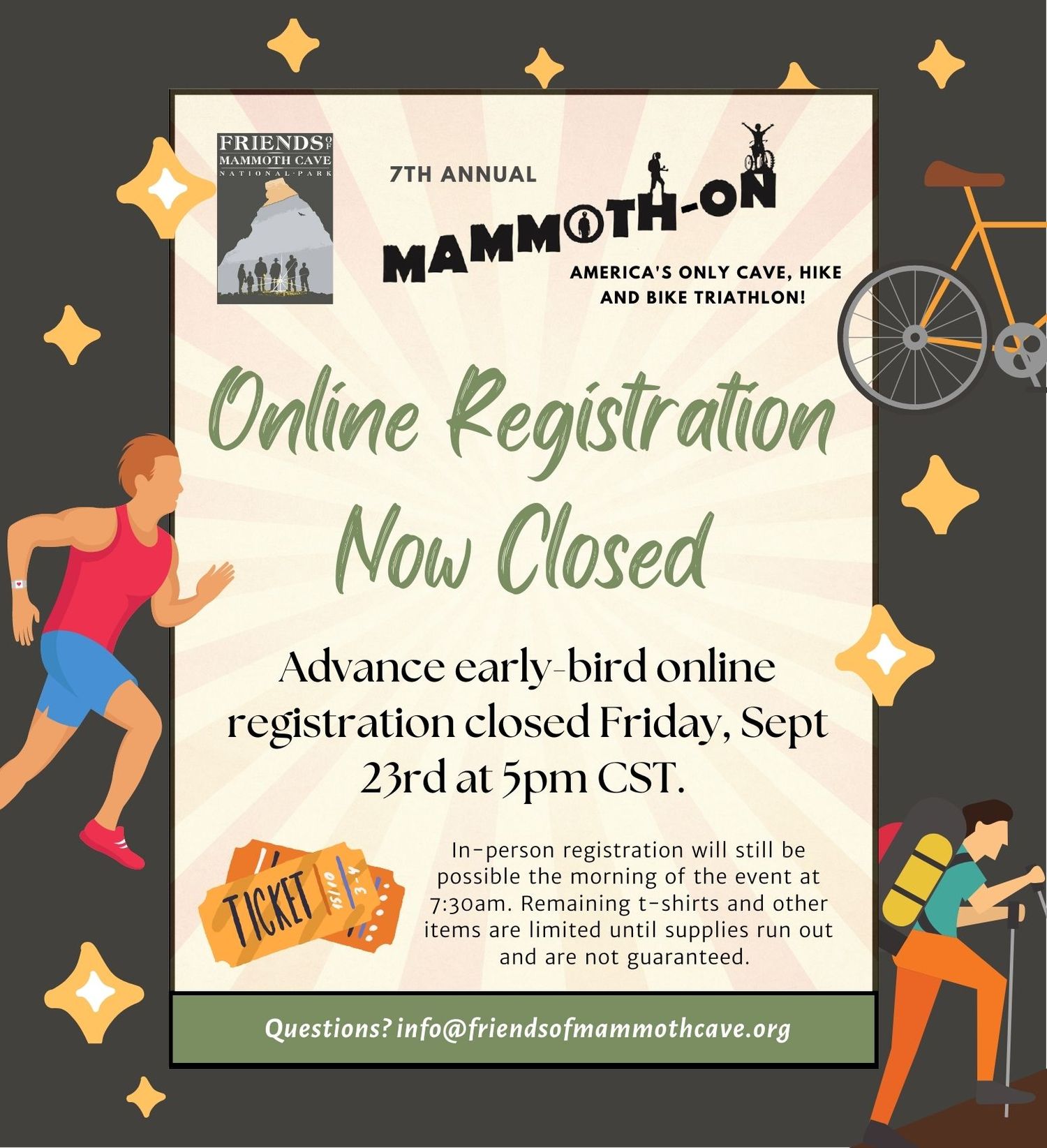 7th Annual Mammoth-On triathlon event flyer announcing online registration closed Friday, Sept 23rd, with in-person options available.