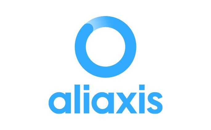 Three blue dots and text forming a logo for Allaxis company against a white background.