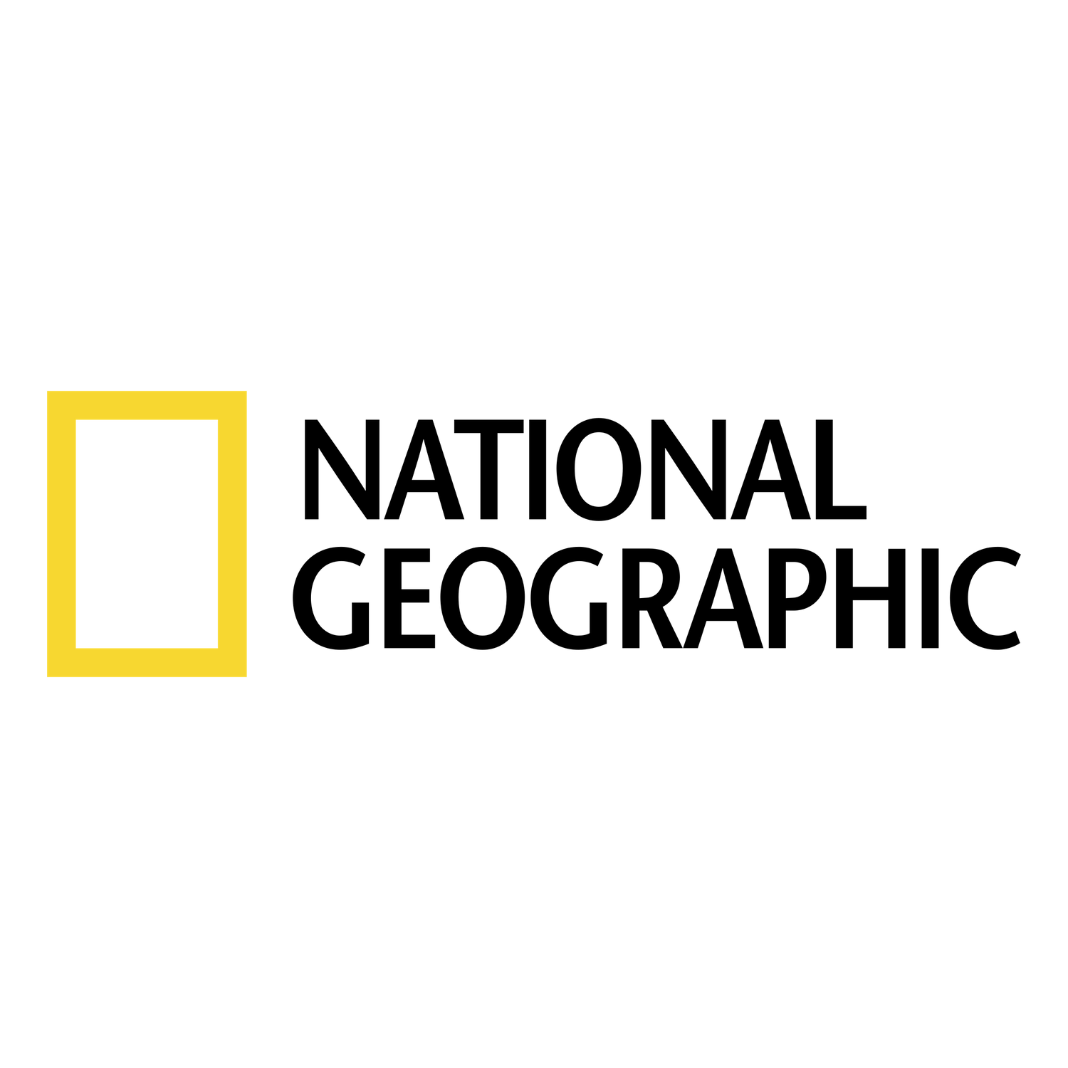 Yellow rectangular frame logo of National Geographic against black background.