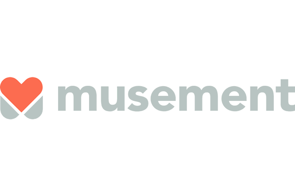 Grey and coral colored logo for Musement featuring a heart icon and company name in a modern sans-serif font.