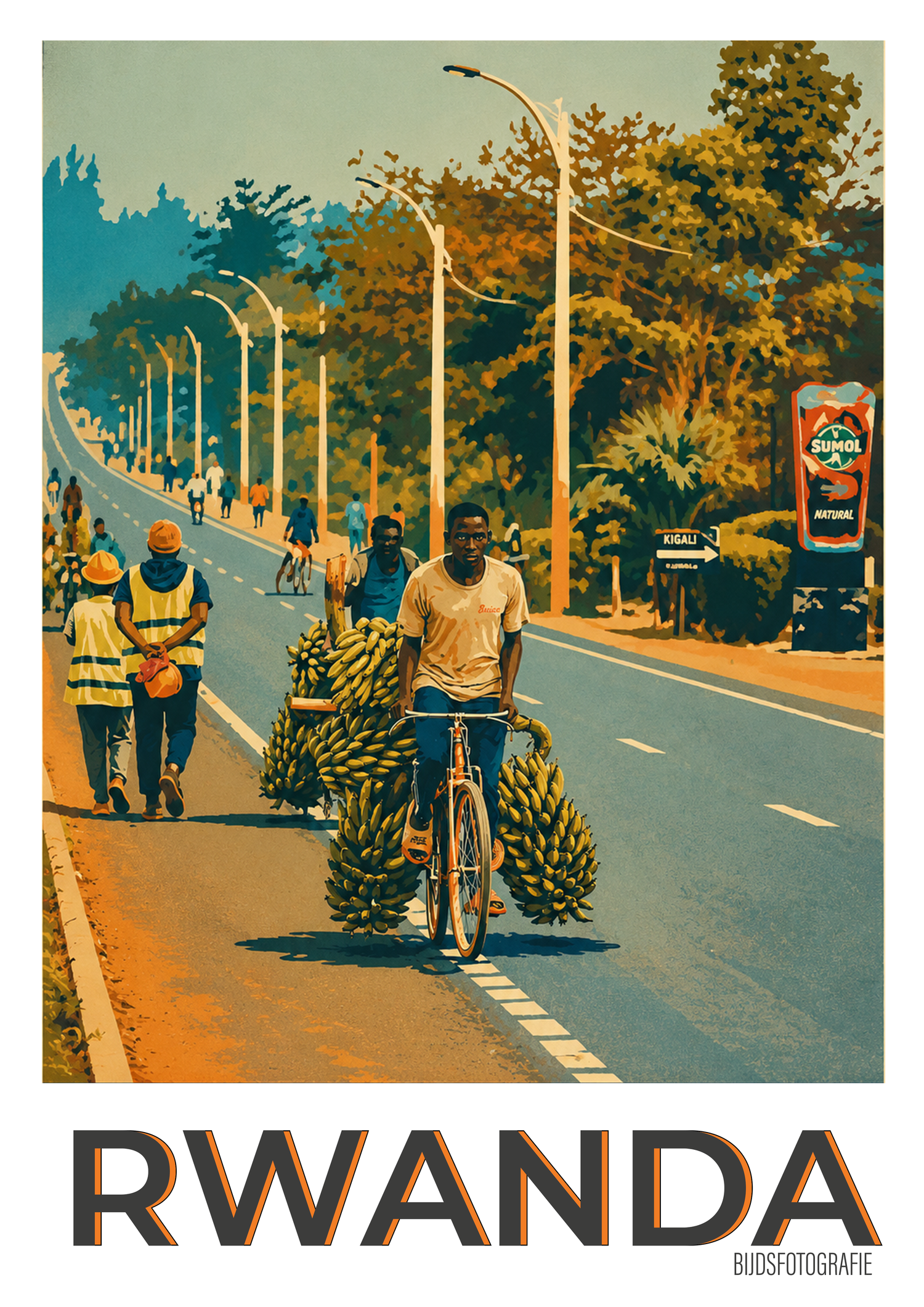 A man cycles down a wide Rwandan road with large banana bunches on his bike, in a vibrant travel poster labeled RWANDA.
