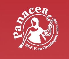 Panacea M.F.V. te Groningen alumni association logo with female silhouette on red background.