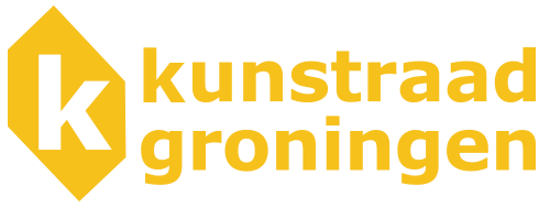 Yellow diamond-shaped logo with letter K for Kunstraad Groningen arts organization in black and yellow colors.