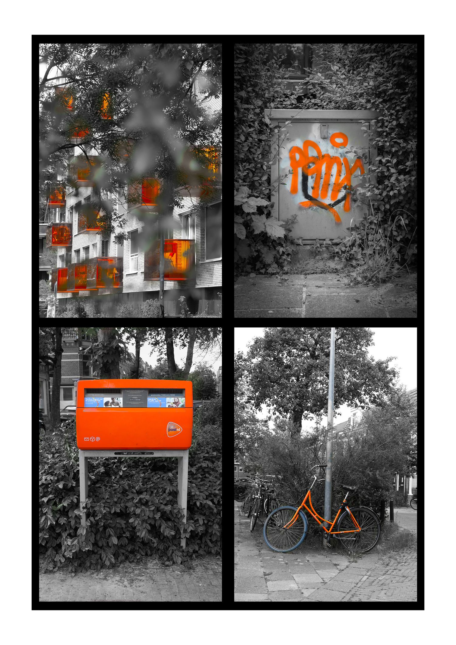 Black and white collage with orange accents featuring graffiti, a mailbox, bicycle, and apartment building windows.