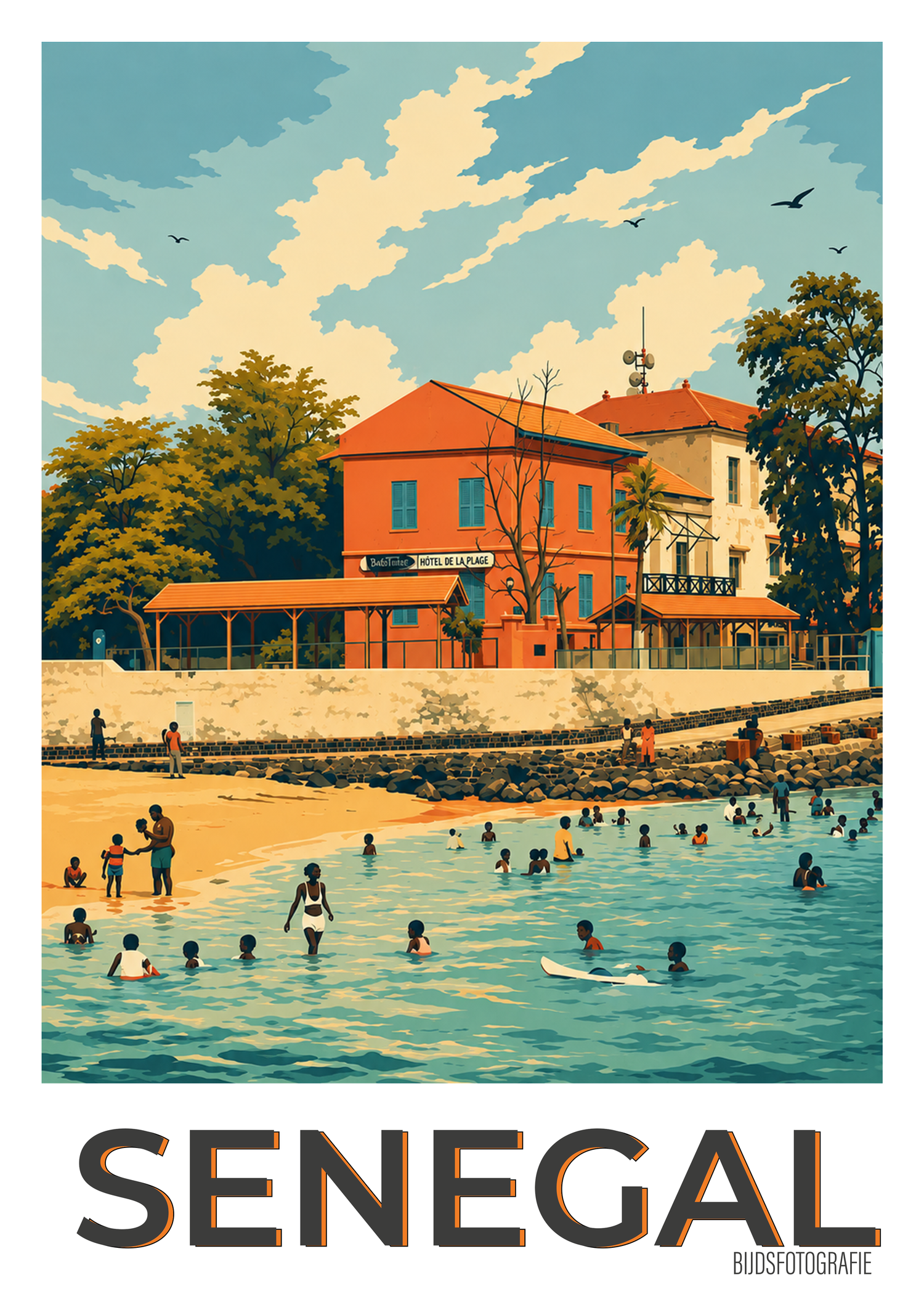 Vintage travel poster of Senegal featuring people swimming near a colonial building on a sunny beach.