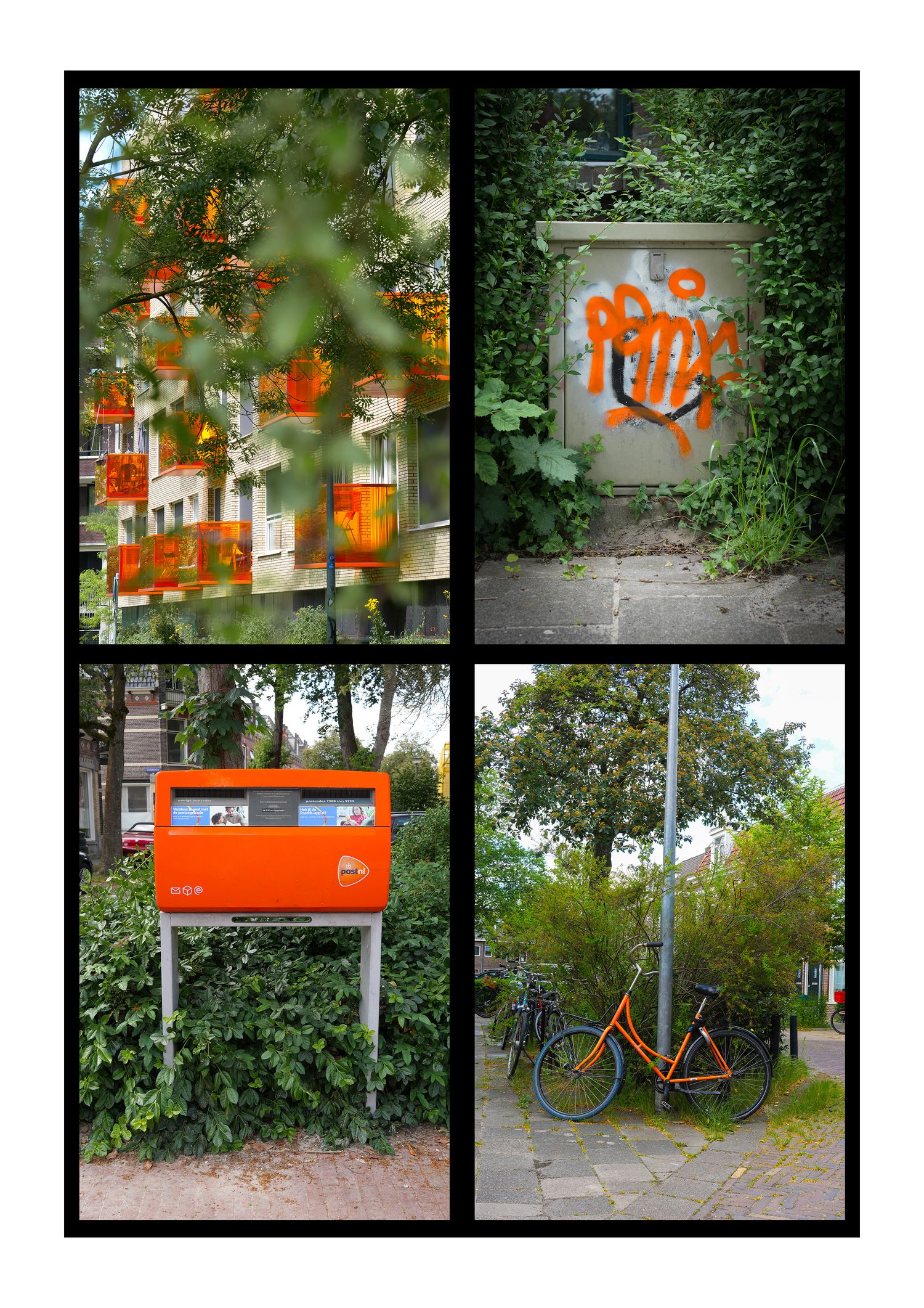 Collage of four urban photos featuring orange accents: building balconies, graffiti wall, orange mailbox, and bicycle amid green foliage.