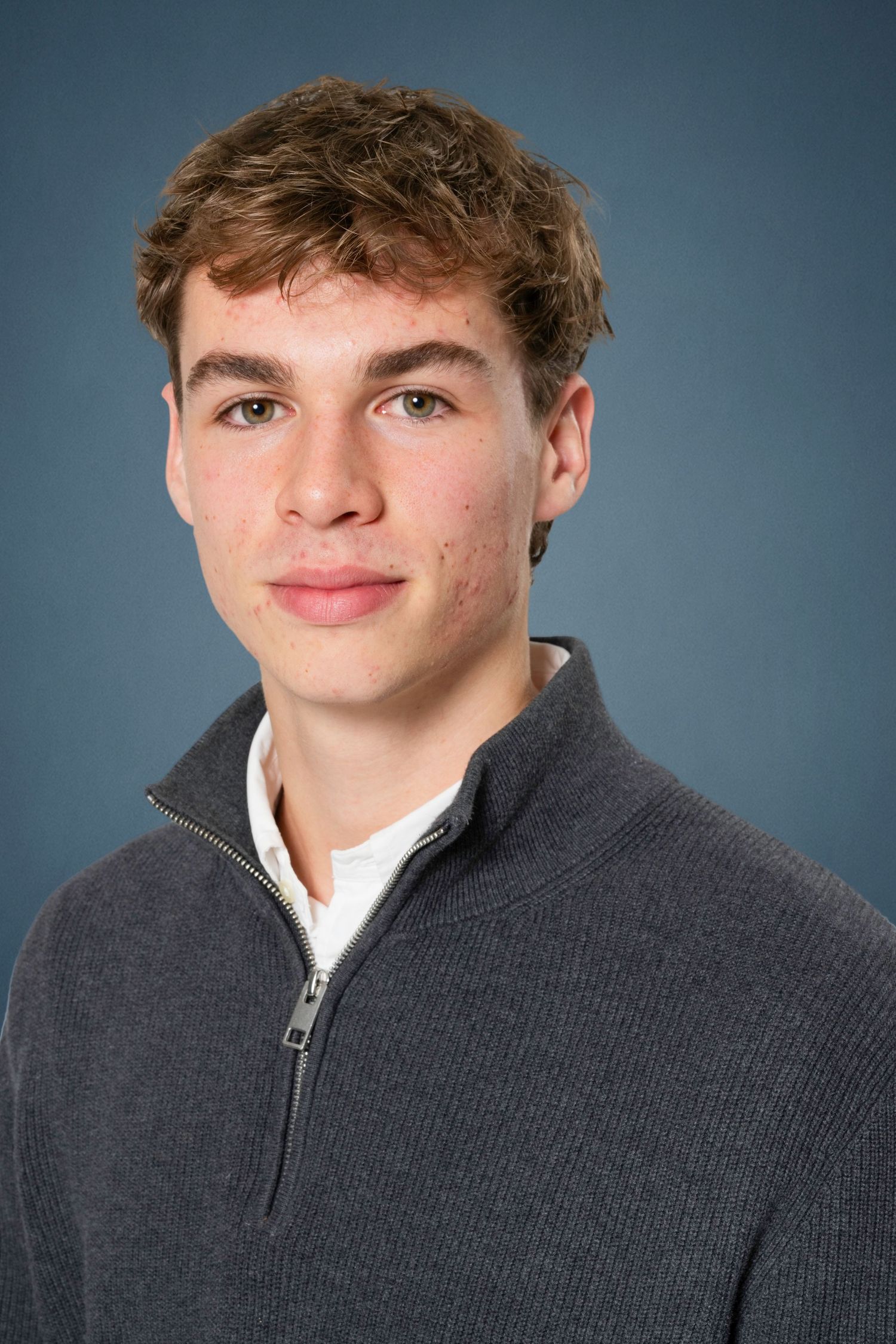 Young man with short curly brown hair smiling slightly in a headshot, wearing a gray quarter-zip sweater over a white collared shirt.
